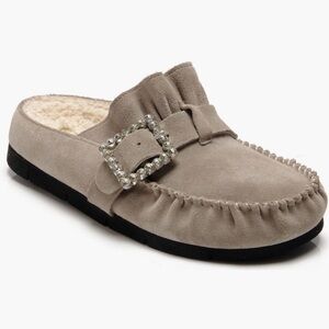Free People Genuine Shearling Moccasin Slippers with Rhinestone Buckle